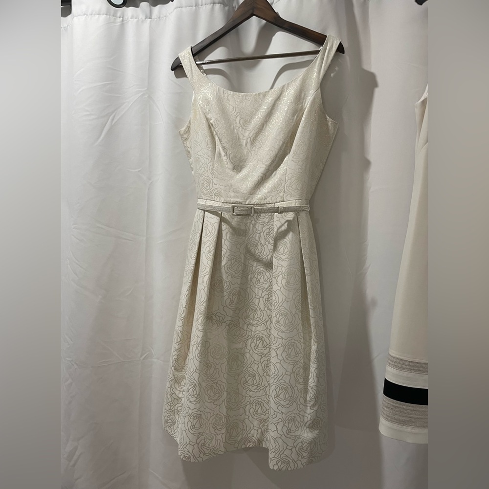 White House Black Market white with gold stitching formal dress.